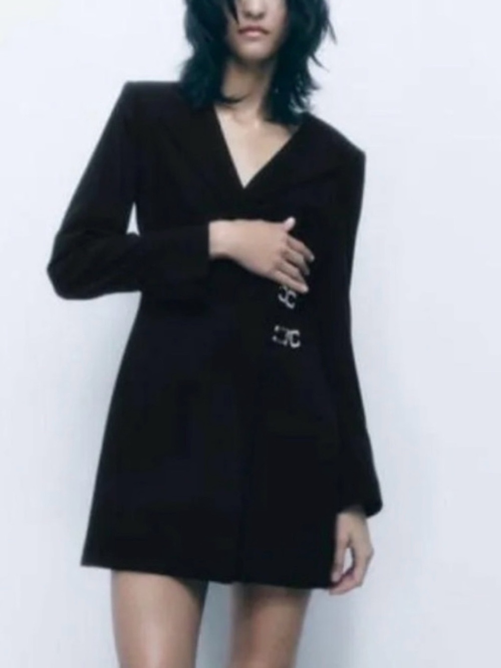 Zara Black Long Blazer Dress with Silver Buckle Accents